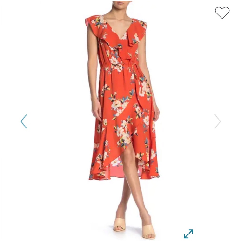 Socialite Ruffled Faux Wrap High Low Floral Midi Dress